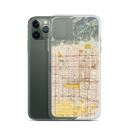 Custom Rancho Cucamonga California Map Phone Case in Woodblock on Table with Laptop and Plant