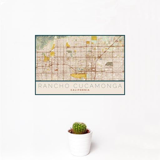 12x18 Rancho Cucamonga California Map Print Landscape Orientation in Woodblock Style With Small Cactus Plant in White Planter