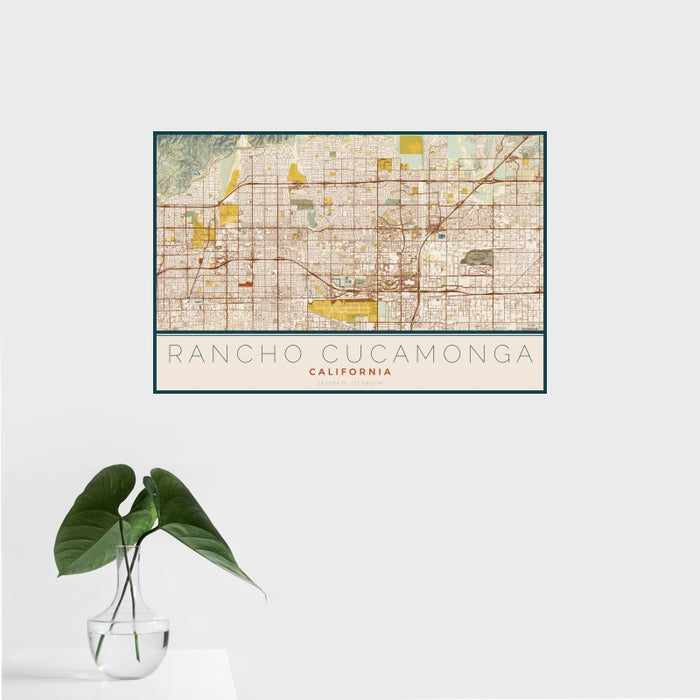 16x24 Rancho Cucamonga California Map Print Landscape Orientation in Woodblock Style With Tropical Plant Leaves in Water