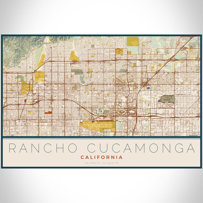 Rancho Cucamonga California Map Print Landscape Orientation in Woodblock Style With Shaded Background