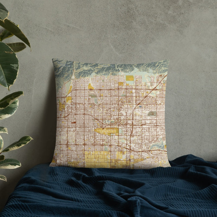 Custom Rancho Cucamonga California Map Throw Pillow in Woodblock on Bedding Against Wall