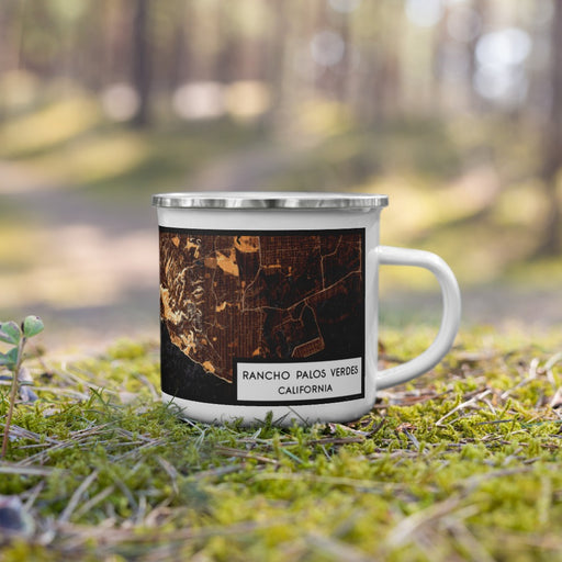 Right View Custom Rancho Palos Verdes California Map Enamel Mug in Ember on Grass With Trees in Background