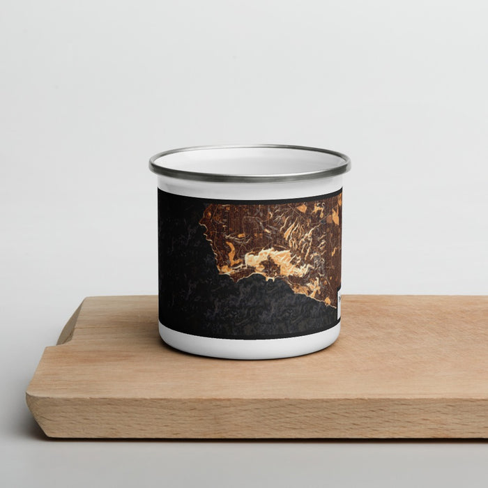 Front View Custom Rancho Palos Verdes California Map Enamel Mug in Ember on Cutting Board
