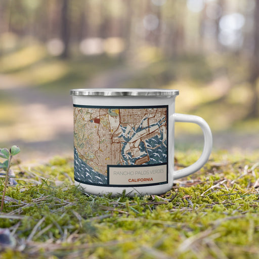 Right View Custom Rancho Palos Verdes California Map Enamel Mug in Woodblock on Grass With Trees in Background