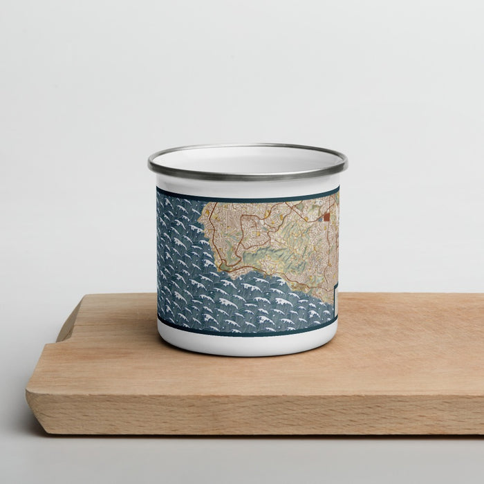 Front View Custom Rancho Palos Verdes California Map Enamel Mug in Woodblock on Cutting Board