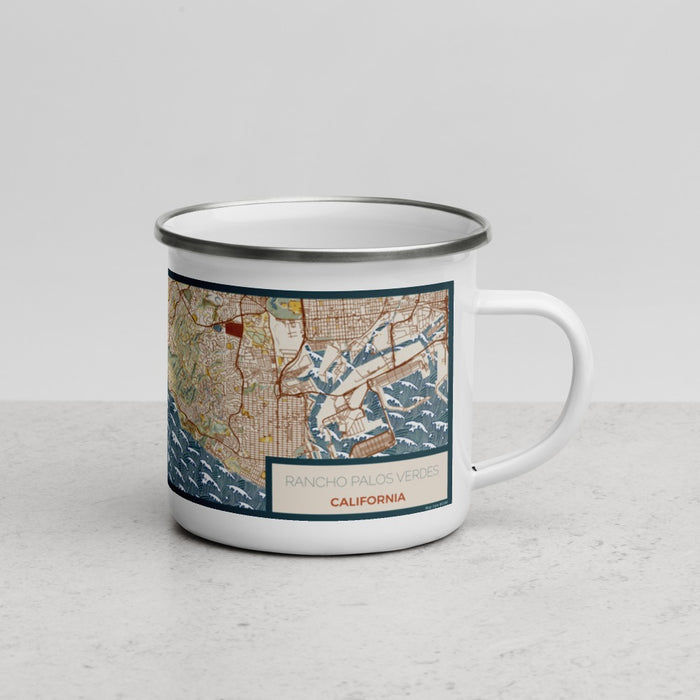 Right View Custom Rancho Palos Verdes California Map Enamel Mug in Woodblock