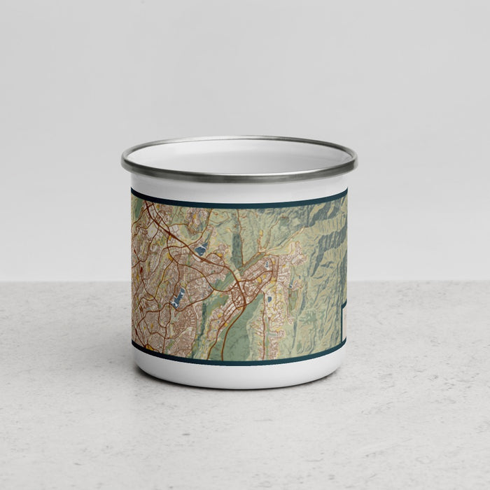 Front View Custom Rancho Santa Margarita California Map Enamel Mug in Woodblock