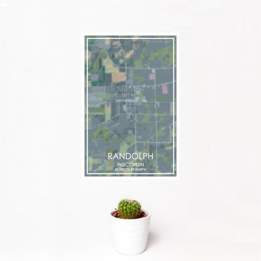 12x18 Randolph Wisconsin Map Print Portrait Orientation in Afternoon Style With Small Cactus Plant in White Planter