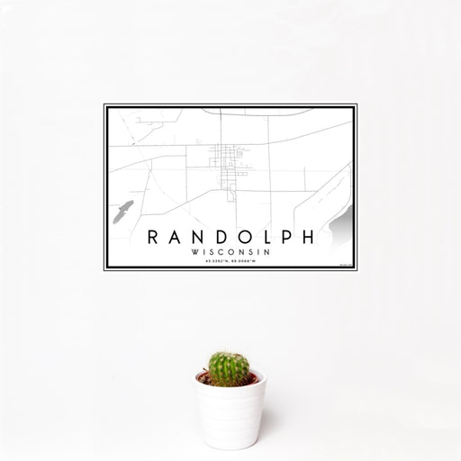 12x18 Randolph Wisconsin Map Print Landscape Orientation in Classic Style With Small Cactus Plant in White Planter