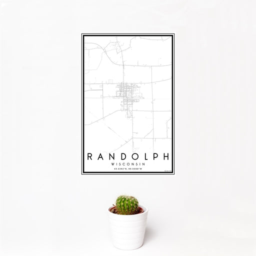 12x18 Randolph Wisconsin Map Print Portrait Orientation in Classic Style With Small Cactus Plant in White Planter