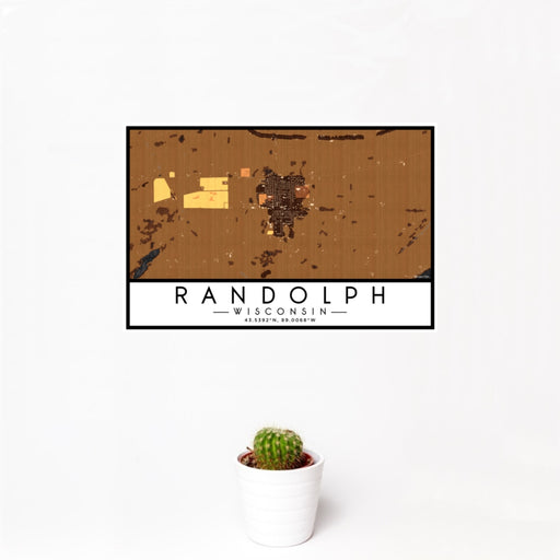 12x18 Randolph Wisconsin Map Print Landscape Orientation in Ember Style With Small Cactus Plant in White Planter