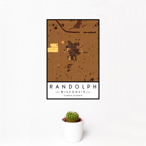 12x18 Randolph Wisconsin Map Print Portrait Orientation in Ember Style With Small Cactus Plant in White Planter