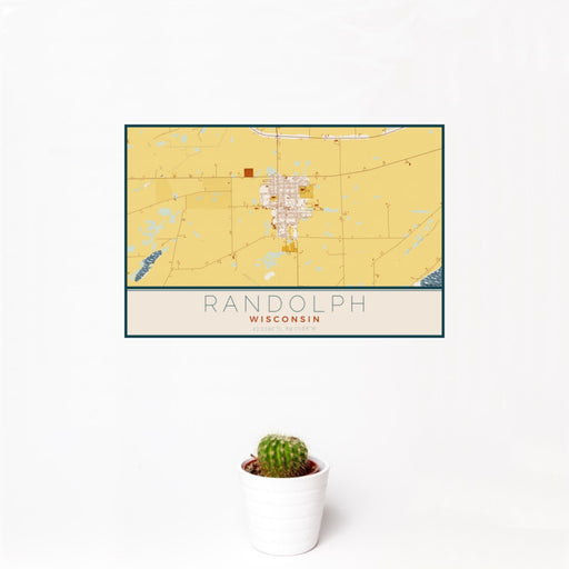 12x18 Randolph Wisconsin Map Print Landscape Orientation in Woodblock Style With Small Cactus Plant in White Planter