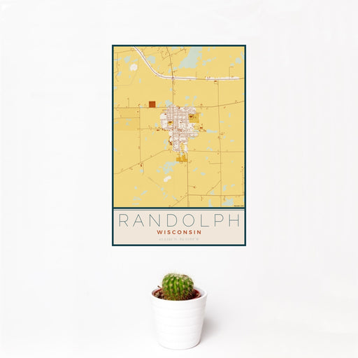 12x18 Randolph Wisconsin Map Print Portrait Orientation in Woodblock Style With Small Cactus Plant in White Planter