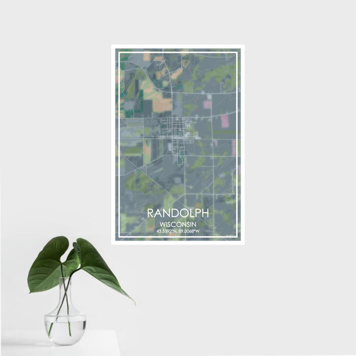16x24 Randolph Wisconsin Map Print Portrait Orientation in Afternoon Style With Tropical Plant Leaves in Water