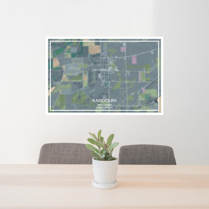 24x36 Randolph Wisconsin Map Print Lanscape Orientation in Afternoon Style Behind 2 Chairs Table and Potted Plant