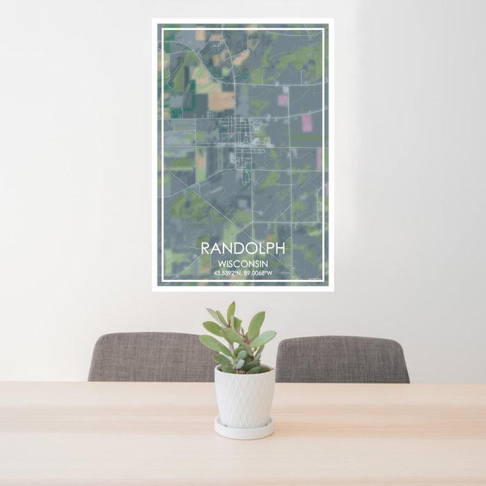 24x36 Randolph Wisconsin Map Print Portrait Orientation in Afternoon Style Behind 2 Chairs Table and Potted Plant