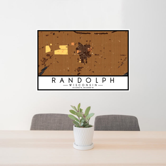 24x36 Randolph Wisconsin Map Print Lanscape Orientation in Ember Style Behind 2 Chairs Table and Potted Plant