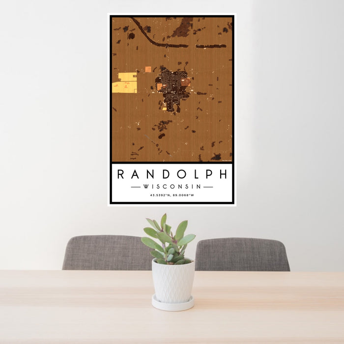 24x36 Randolph Wisconsin Map Print Portrait Orientation in Ember Style Behind 2 Chairs Table and Potted Plant