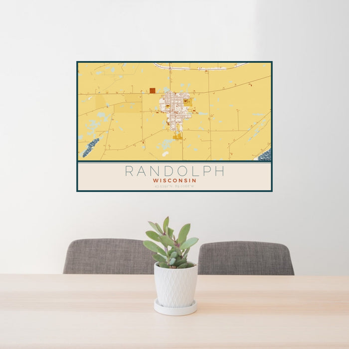 24x36 Randolph Wisconsin Map Print Lanscape Orientation in Woodblock Style Behind 2 Chairs Table and Potted Plant