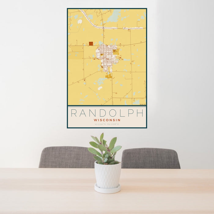 24x36 Randolph Wisconsin Map Print Portrait Orientation in Woodblock Style Behind 2 Chairs Table and Potted Plant