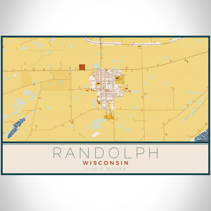 Randolph Wisconsin Map Print Landscape Orientation in Woodblock Style With Shaded Background