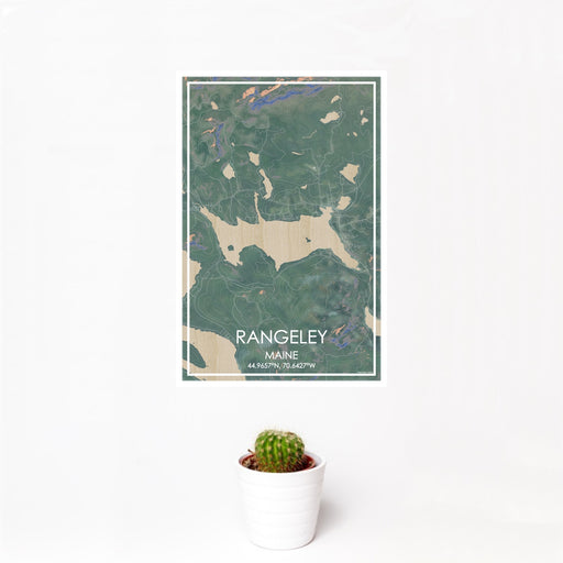 12x18 Rangeley Maine Map Print Portrait Orientation in Afternoon Style With Small Cactus Plant in White Planter