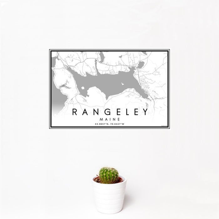 12x18 Rangeley Maine Map Print Landscape Orientation in Classic Style With Small Cactus Plant in White Planter