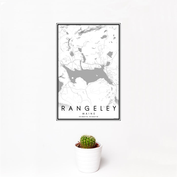 12x18 Rangeley Maine Map Print Portrait Orientation in Classic Style With Small Cactus Plant in White Planter