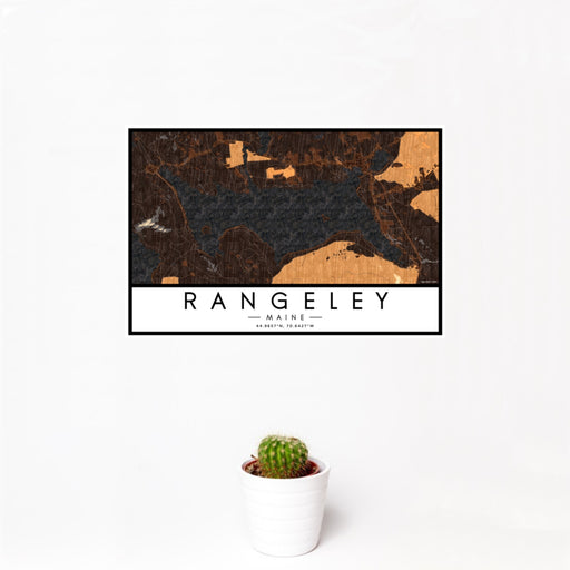 12x18 Rangeley Maine Map Print Landscape Orientation in Ember Style With Small Cactus Plant in White Planter