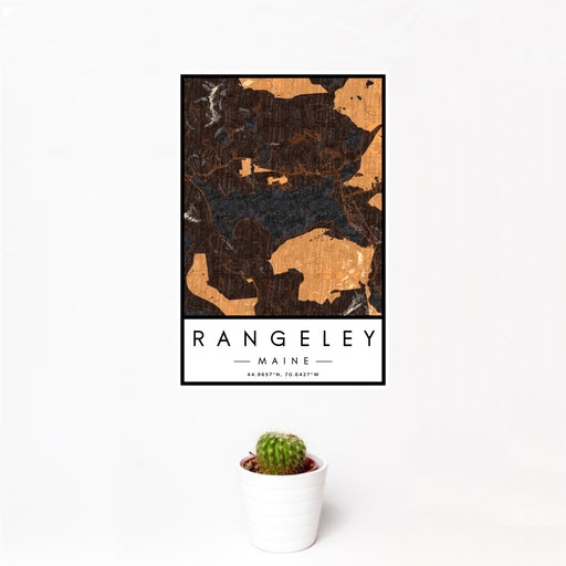 12x18 Rangeley Maine Map Print Portrait Orientation in Ember Style With Small Cactus Plant in White Planter