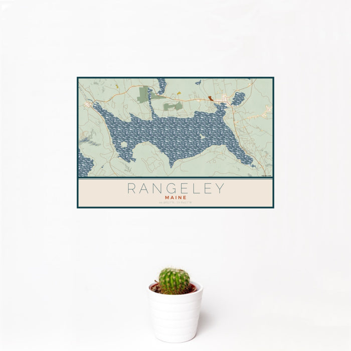 12x18 Rangeley Maine Map Print Landscape Orientation in Woodblock Style With Small Cactus Plant in White Planter
