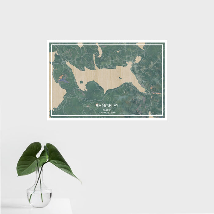 16x24 Rangeley Maine Map Print Landscape Orientation in Afternoon Style With Tropical Plant Leaves in Water