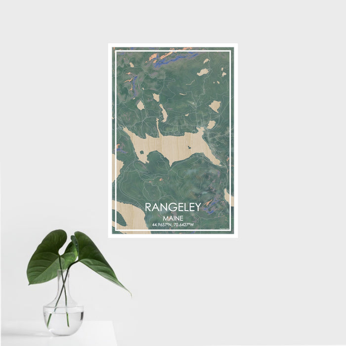 16x24 Rangeley Maine Map Print Portrait Orientation in Afternoon Style With Tropical Plant Leaves in Water