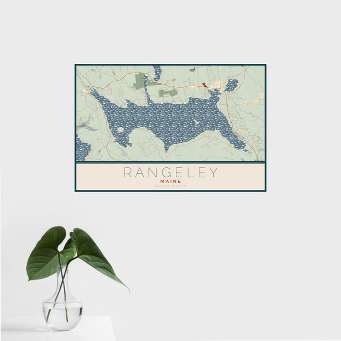 16x24 Rangeley Maine Map Print Landscape Orientation in Woodblock Style With Tropical Plant Leaves in Water