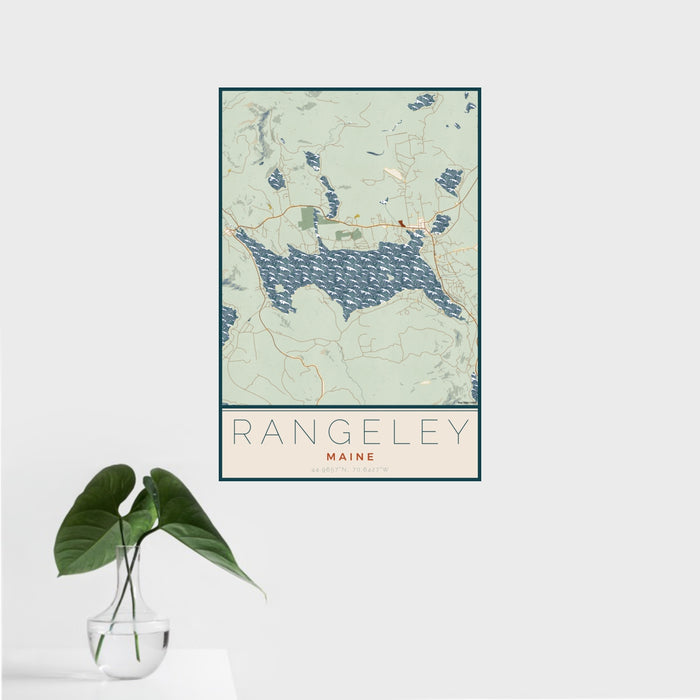 16x24 Rangeley Maine Map Print Portrait Orientation in Woodblock Style With Tropical Plant Leaves in Water