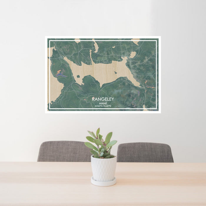 24x36 Rangeley Maine Map Print Lanscape Orientation in Afternoon Style Behind 2 Chairs Table and Potted Plant
