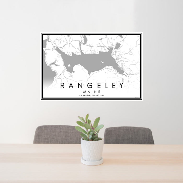 24x36 Rangeley Maine Map Print Lanscape Orientation in Classic Style Behind 2 Chairs Table and Potted Plant