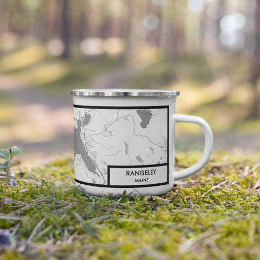 Right View Custom Rangeley Maine Map Enamel Mug in Classic on Grass With Trees in Background