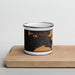 Front View Custom Rangeley Maine Map Enamel Mug in Ember on Cutting Board