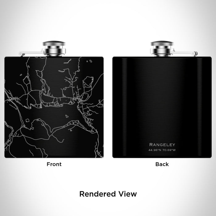 Rendered View of Rangeley Maine Map Engraving on 6oz Stainless Steel Flask in Black