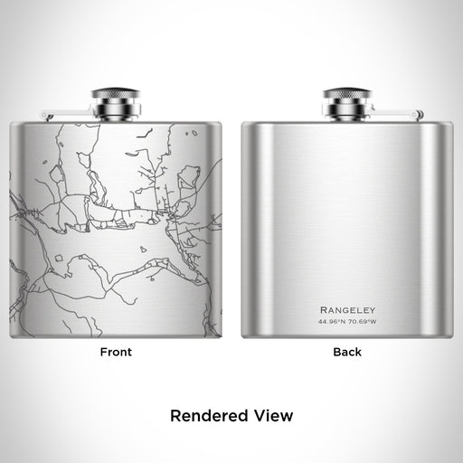 Rendered View of Rangeley Maine Map Engraving on 6oz Stainless Steel Flask