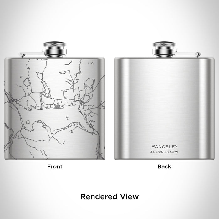 Rendered View of Rangeley Maine Map Engraving on 6oz Stainless Steel Flask