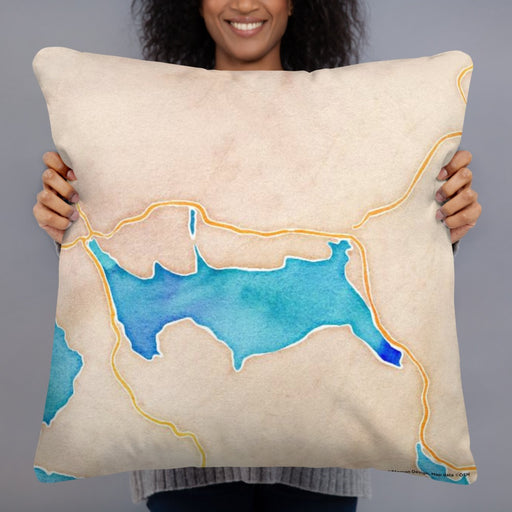Person holding 22x22 Custom Rangeley Maine Map Throw Pillow in Watercolor