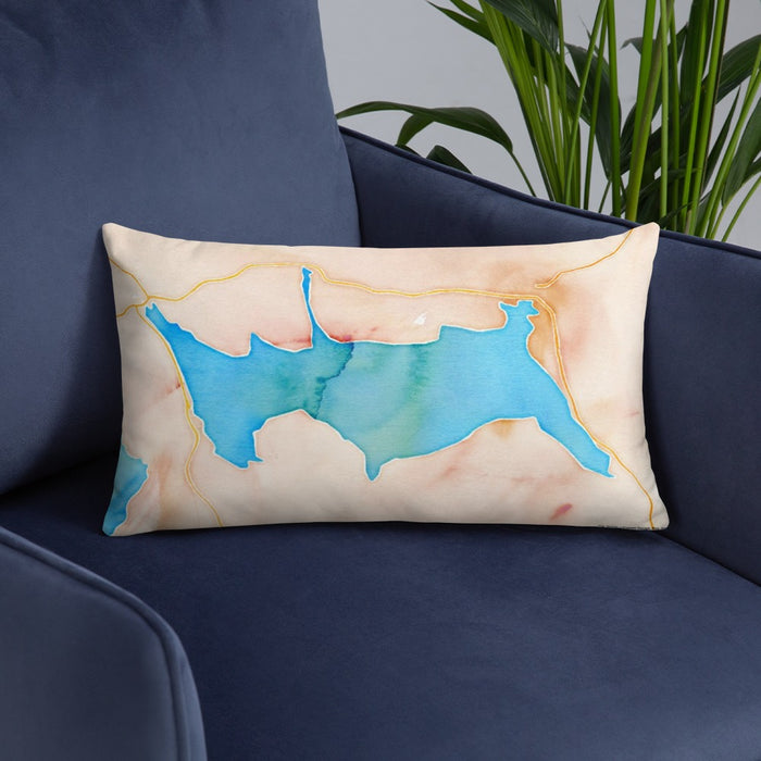 Custom Rangeley Maine Map Throw Pillow in Watercolor on Blue Colored Chair