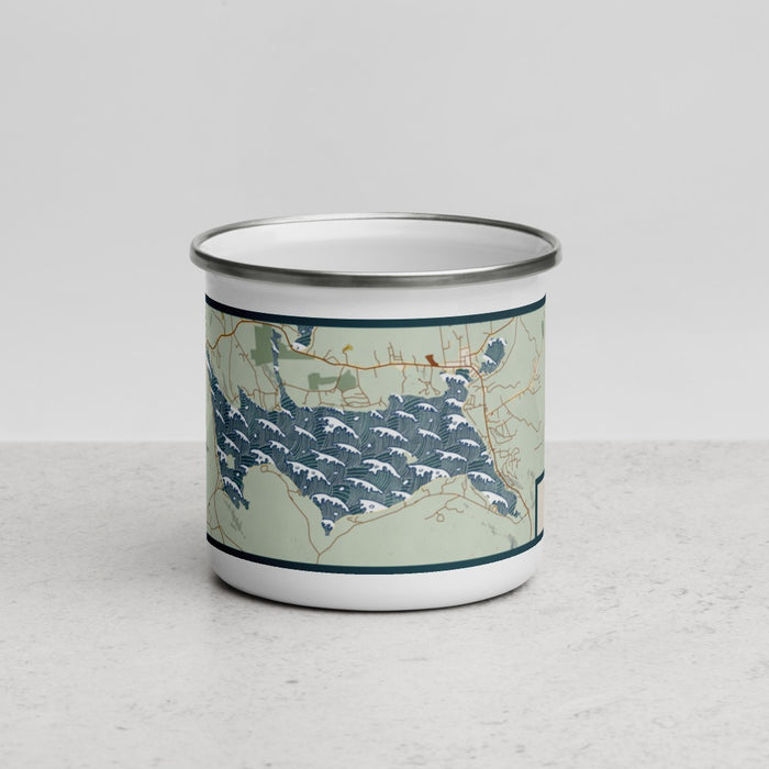 Front View Custom Rangeley Maine Map Enamel Mug in Woodblock
