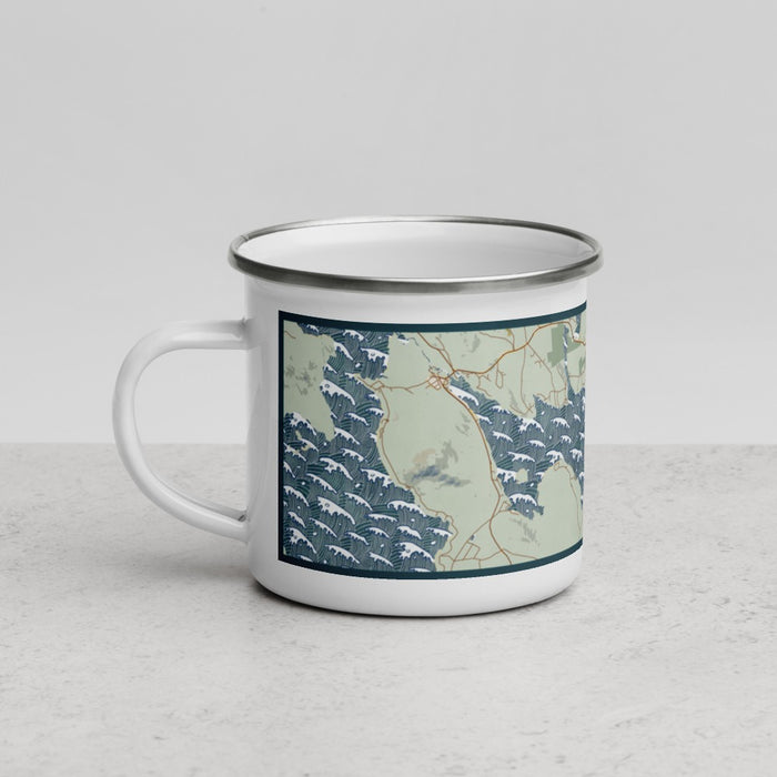 Left View Custom Rangeley Maine Map Enamel Mug in Woodblock