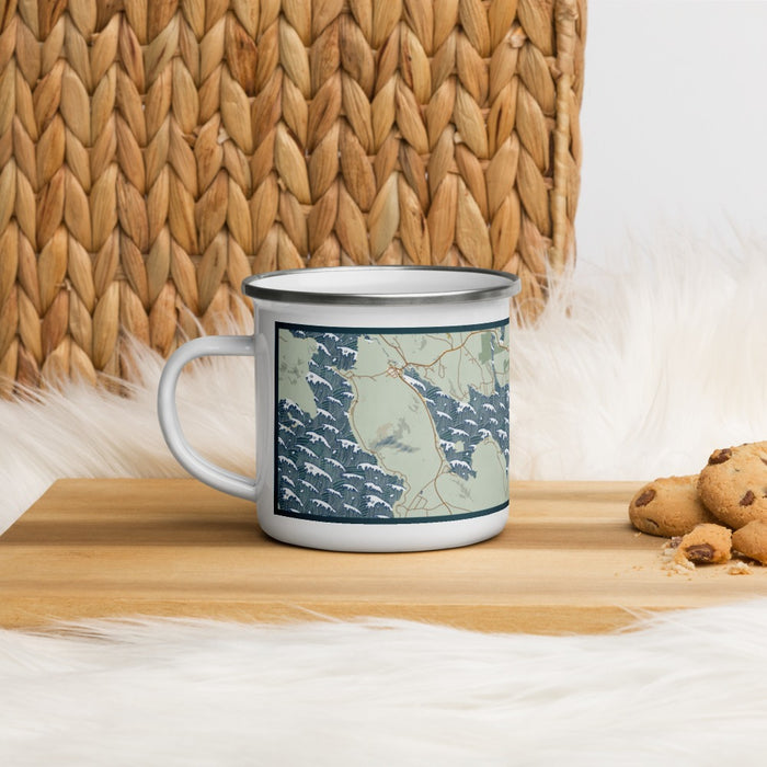 Left View Custom Rangeley Maine Map Enamel Mug in Woodblock on Table Top