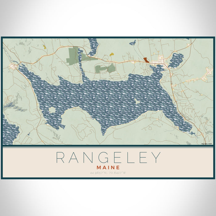 Rangeley Maine Map Print Landscape Orientation in Woodblock Style With Shaded Background
