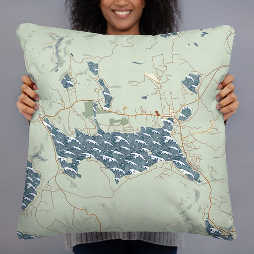 Person holding 22x22 Custom Rangeley Maine Map Throw Pillow in Woodblock